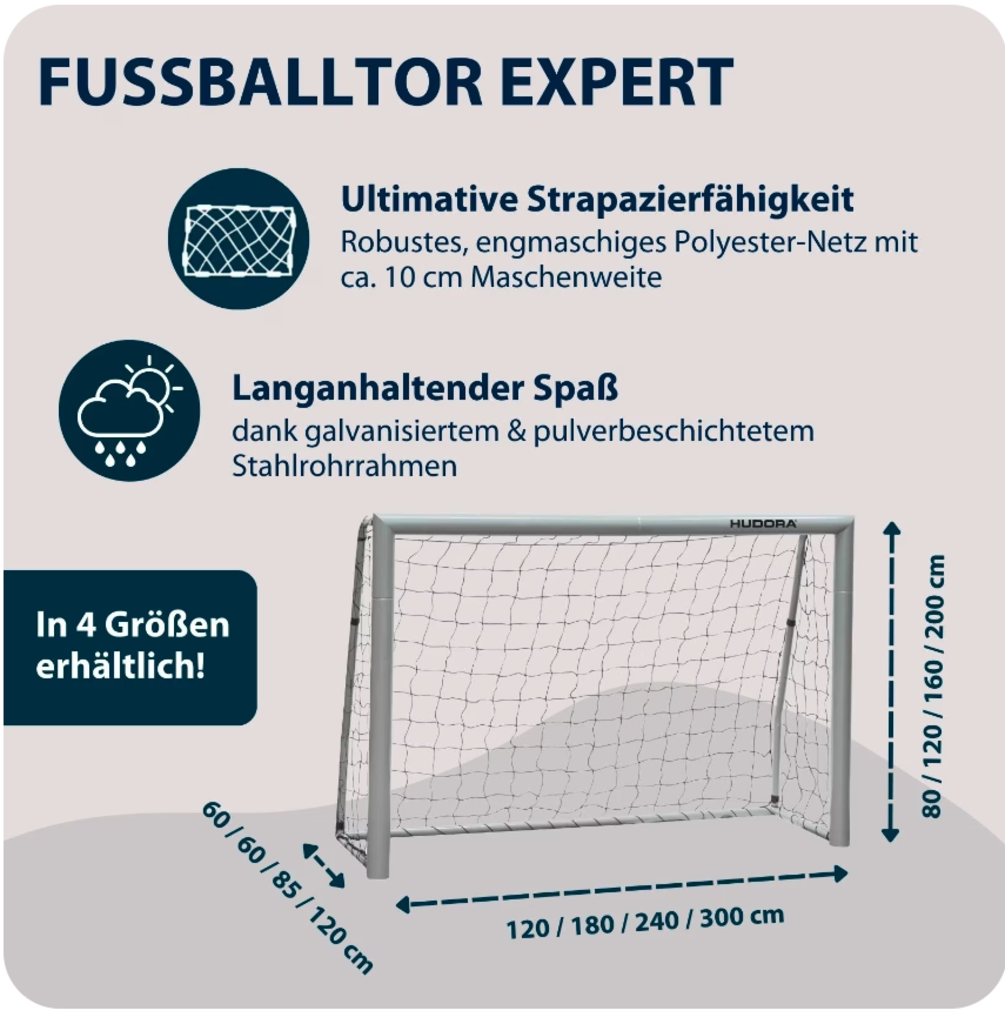 Hudora Fussballtor Expert 180 (grau, 180cm × 120cm × 60cm)