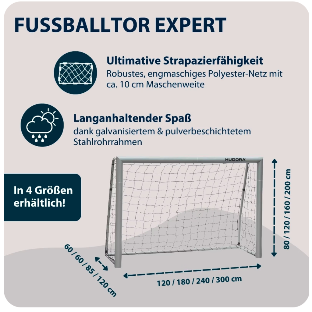 Hudora Fussballtor Expert 180 (grau, 180cm × 120cm × 60cm)