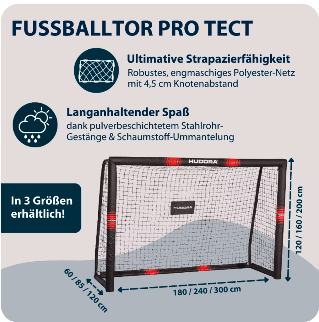 Hudora Fussballtor Pro Tect 180 (schwarz/rot, 180cm × 60cm × 120cm, 9kg)