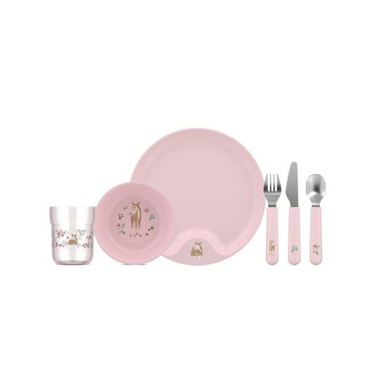 6-teiliges Kindergeschirr-Set in Rosa mit Tiermotiven, ideal für Kinder.
