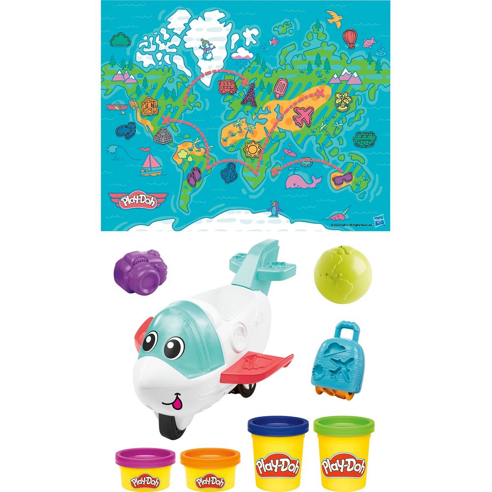Play-Doh Flugi, das Flugzeug 4 Dosen Knete, Werkzeug, Weltkarte
