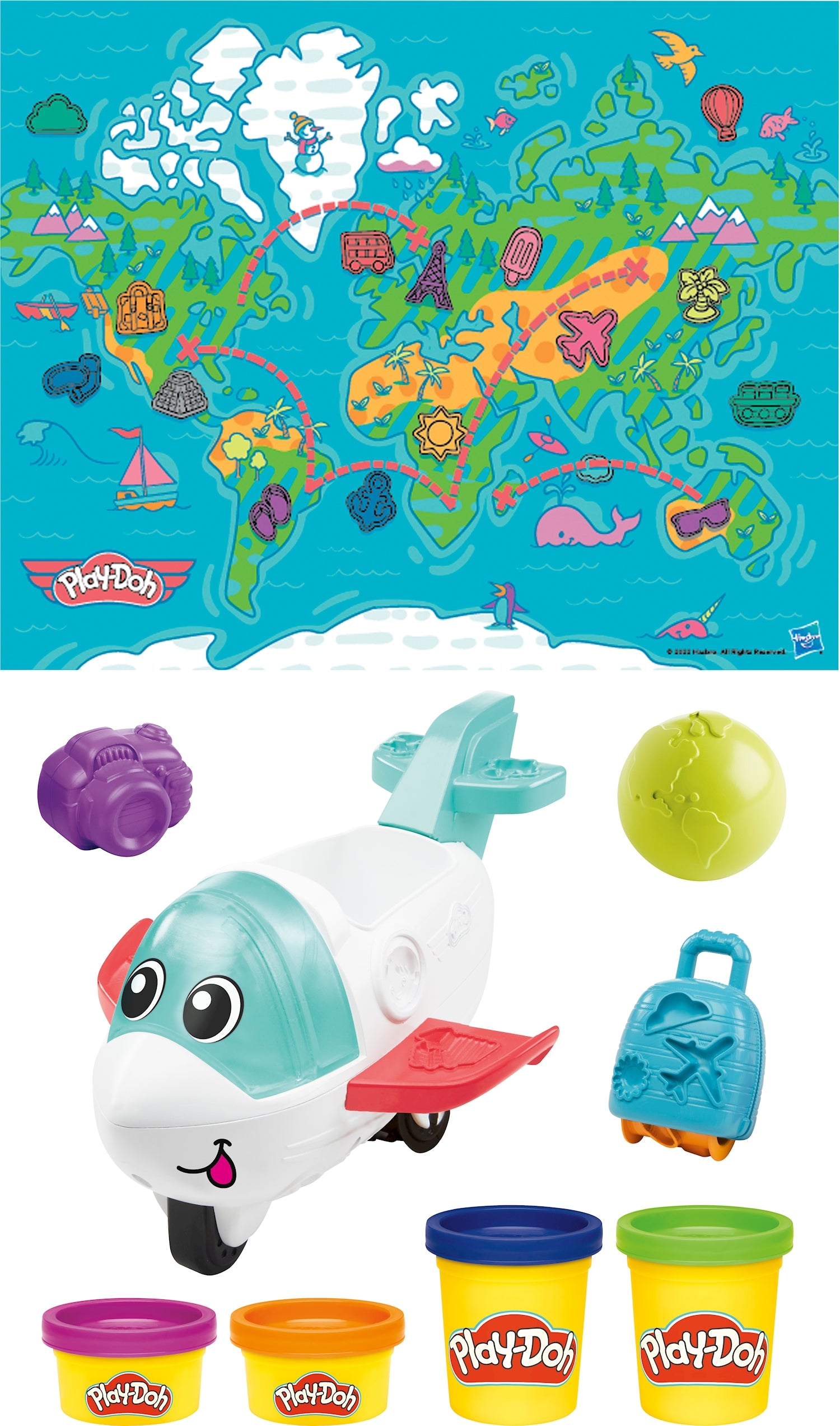 Play-Doh Flugi, das Flugzeug 4 Dosen Knete, Werkzeug, Weltkarte