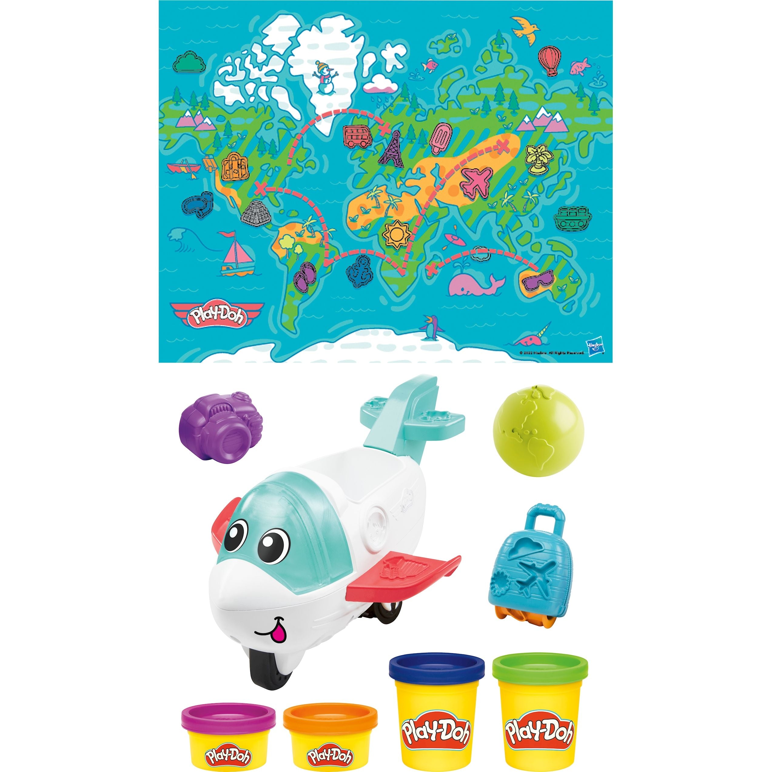 Play-Doh Flugi, das Flugzeug 4 Dosen Knete, Werkzeug, Weltkarte