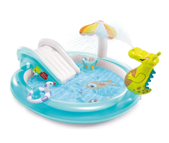 Aufblasbares Intex Gator Play Center, kinderfreundliches Design im Garten mit Rutsche und Sonnenschirm