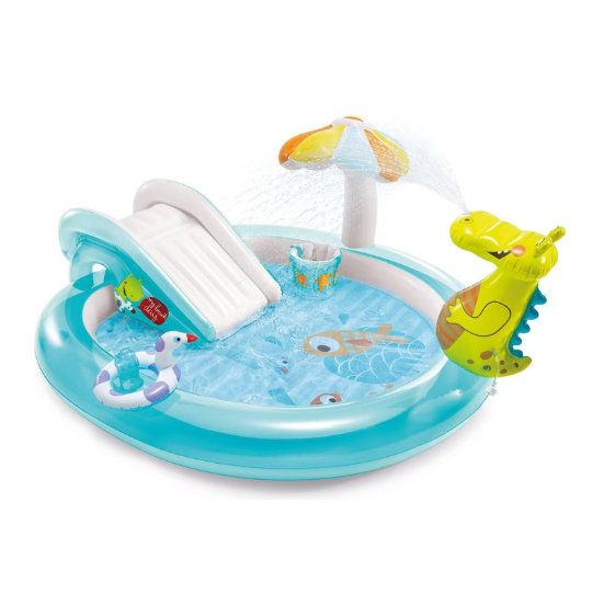 Aufblasbares Intex Gator Play Center, kinderfreundliches Design im Garten mit Rutsche und Sonnenschirm