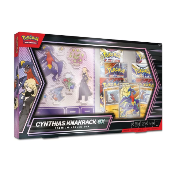 Produktverpackung der Pokémon Cynthias Knakrack ex Premium Collection aus Karton mit holografischen Karten und Aufsteller.