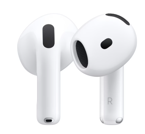 Apple AirPods 4 in klassischem Weiss mit ergonomischem Design, schwarzer Lautsprecherbereich für akustische Optimierung.