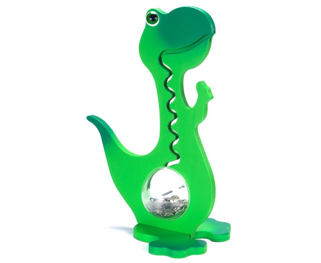 BigBellyBank Grüne zweifarbige Kugelbahn-Spardose Dino aus Holz 60cm