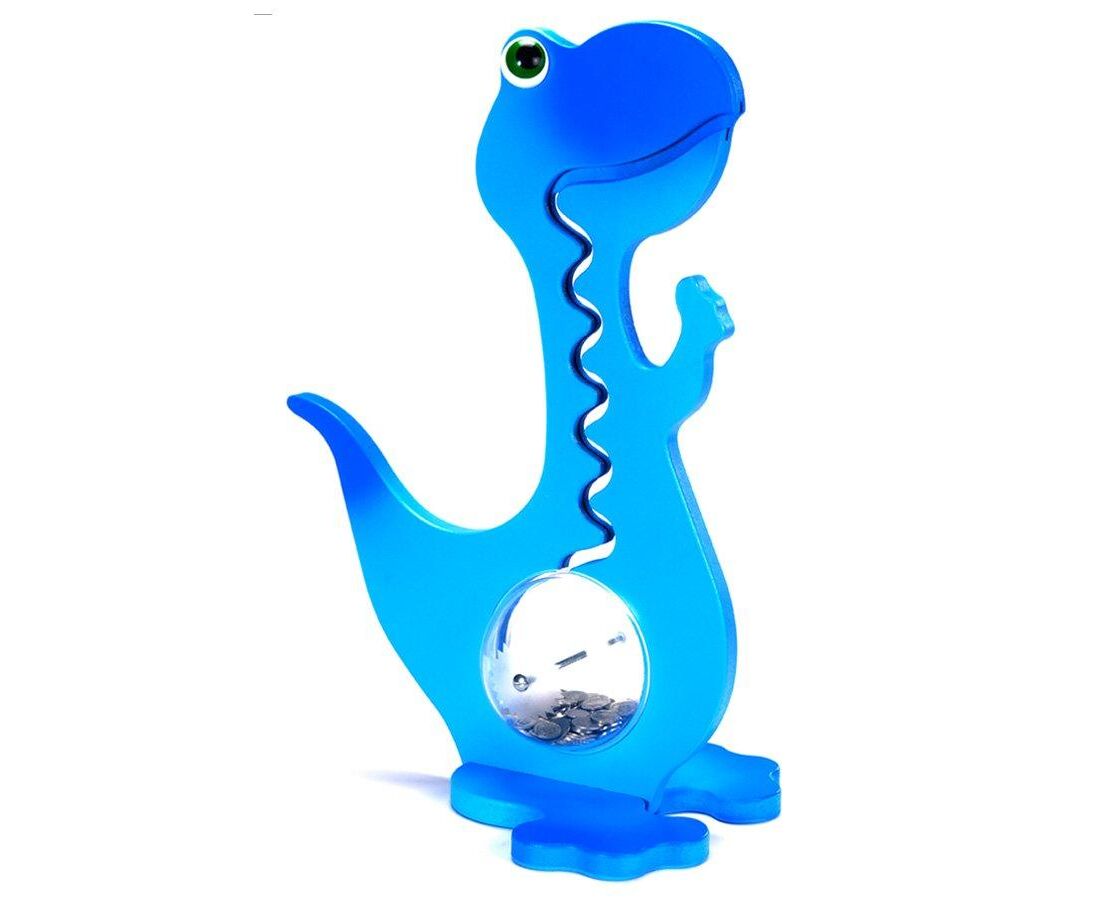 BigBellyBank Blaue einfarbige Kugelbahn-Spardose Dino aus Holz 60cm