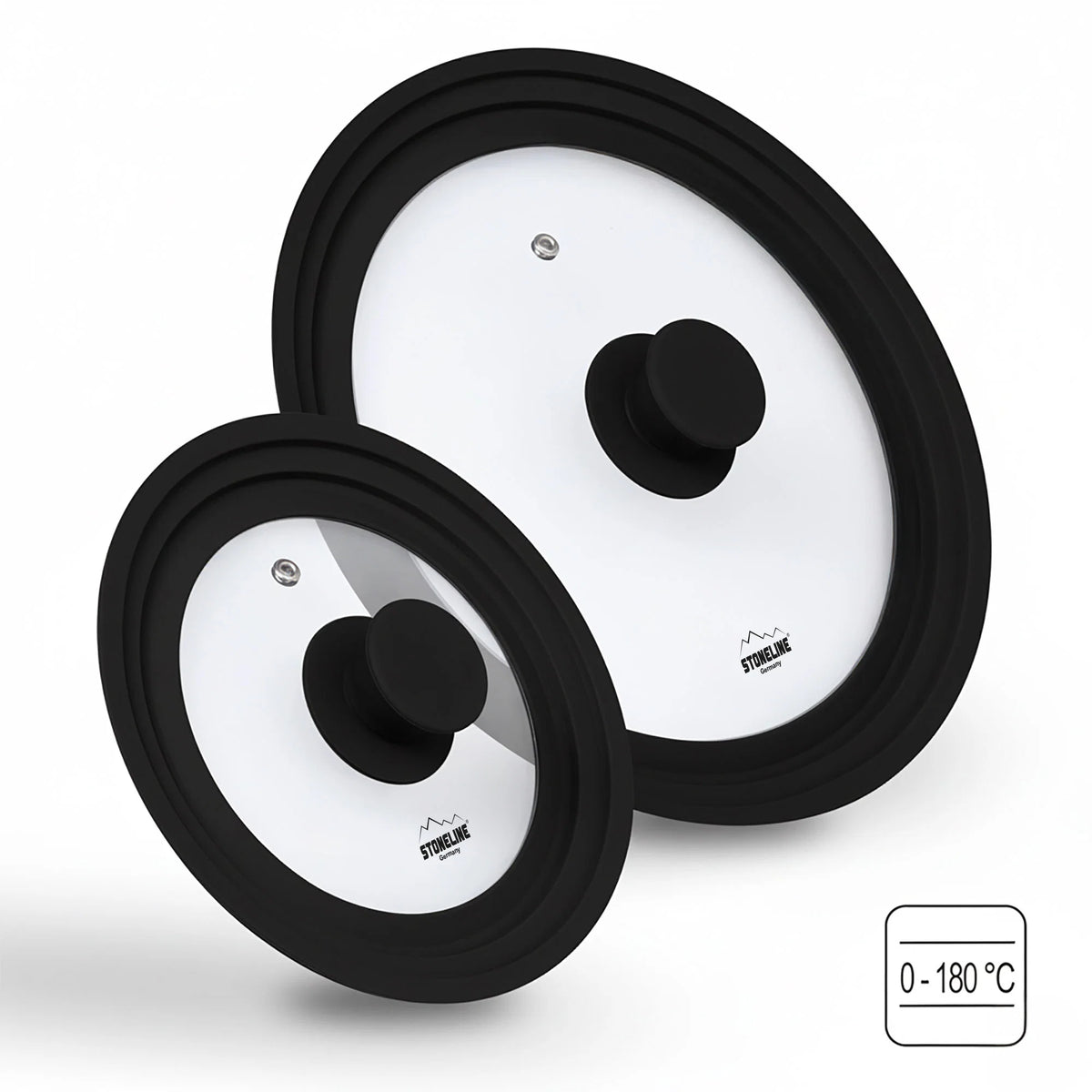 STONELINE® Universaldeckel Set mit Silikonrand für Töpfe Pfannen 16/18/20 cm, 24/26/28 cm |Schwarz