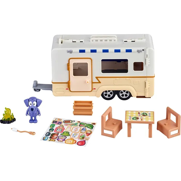 Bluey Wohnwagen Spielset Jean Luc Figur, Wohnwagen, Zubehör, Sticker, ab 3 Jahren