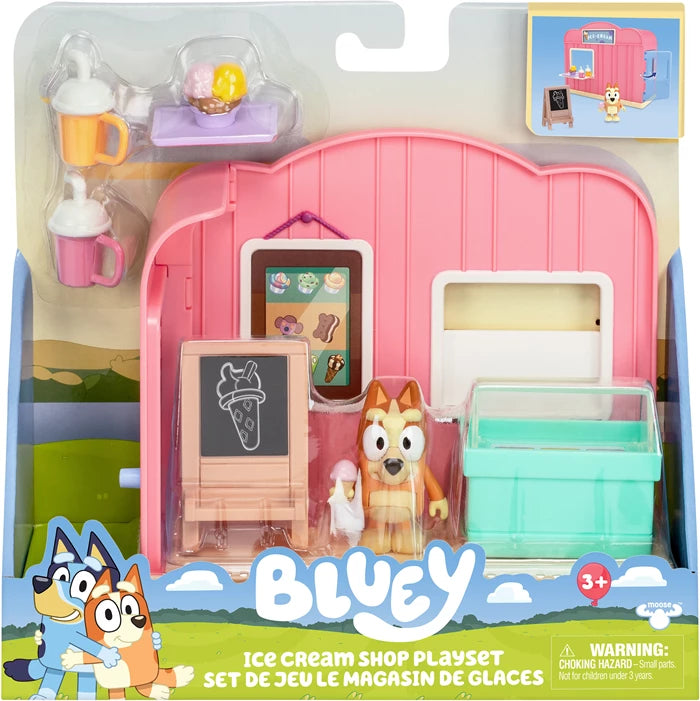 Bluey Spielset Eisdiele Bingo-Figur, Gefriertruhe, Stickerblatt, ab 3 Jahren