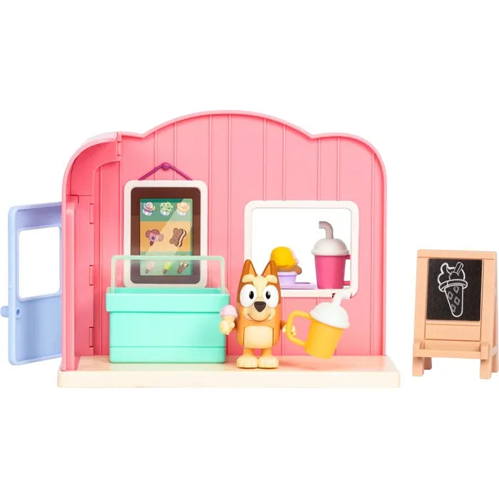 Bluey Spielset Eisdiele Bingo-Figur, Gefriertruhe, Stickerblatt, ab 3 Jahren