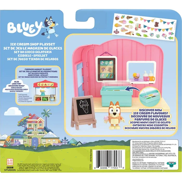 Bluey Spielset Eisdiele Bingo-Figur, Gefriertruhe, Stickerblatt, ab 3 Jahren