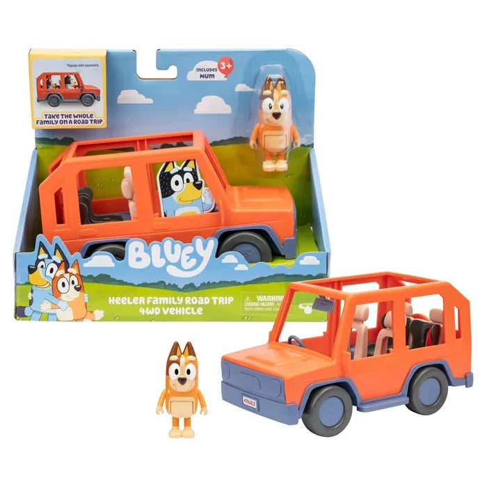 Bluey Familienauto 4x4 offenes Dach, Chilli Figur, Fahrzeug, Sticker, ab 3 Jahren