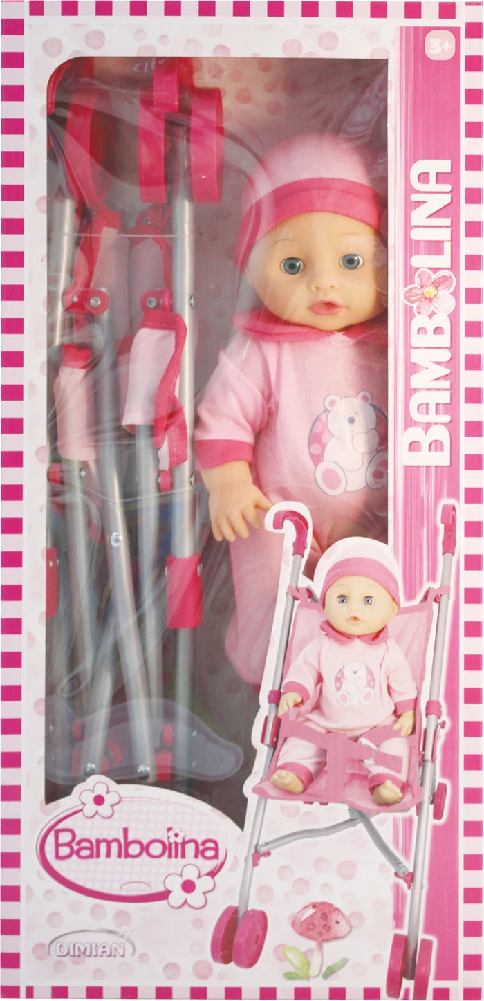 Damian Puppe 36 cm mit Buggy Puppe im Strampelanzug