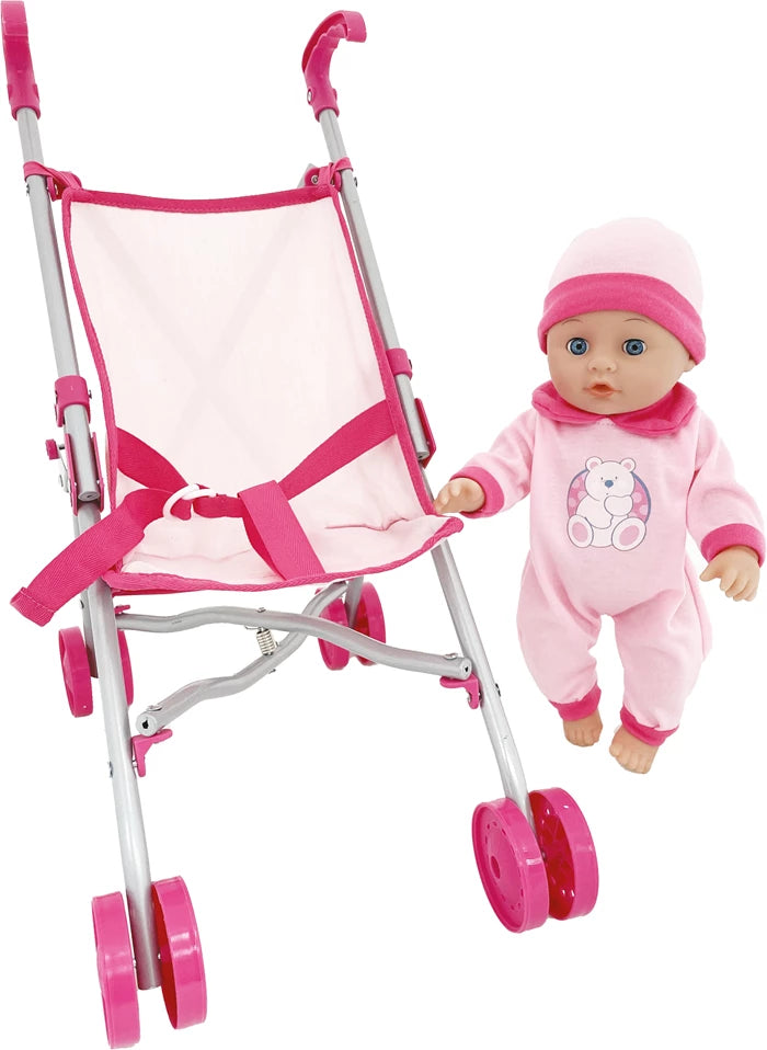 Damian Puppe 36 cm mit Buggy Puppe im Strampelanzug