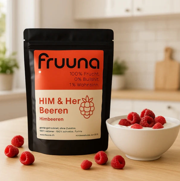 Fruuna Him- & Her-Beeren: gefriergetrocknete Schweizer Himbeeren als Pulver, 190g