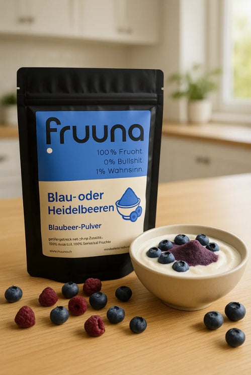 Fruuna Blaue Power: gefriergetrocknete Schweizer Blau- oder Heidelbeeren als Pulver, 180g