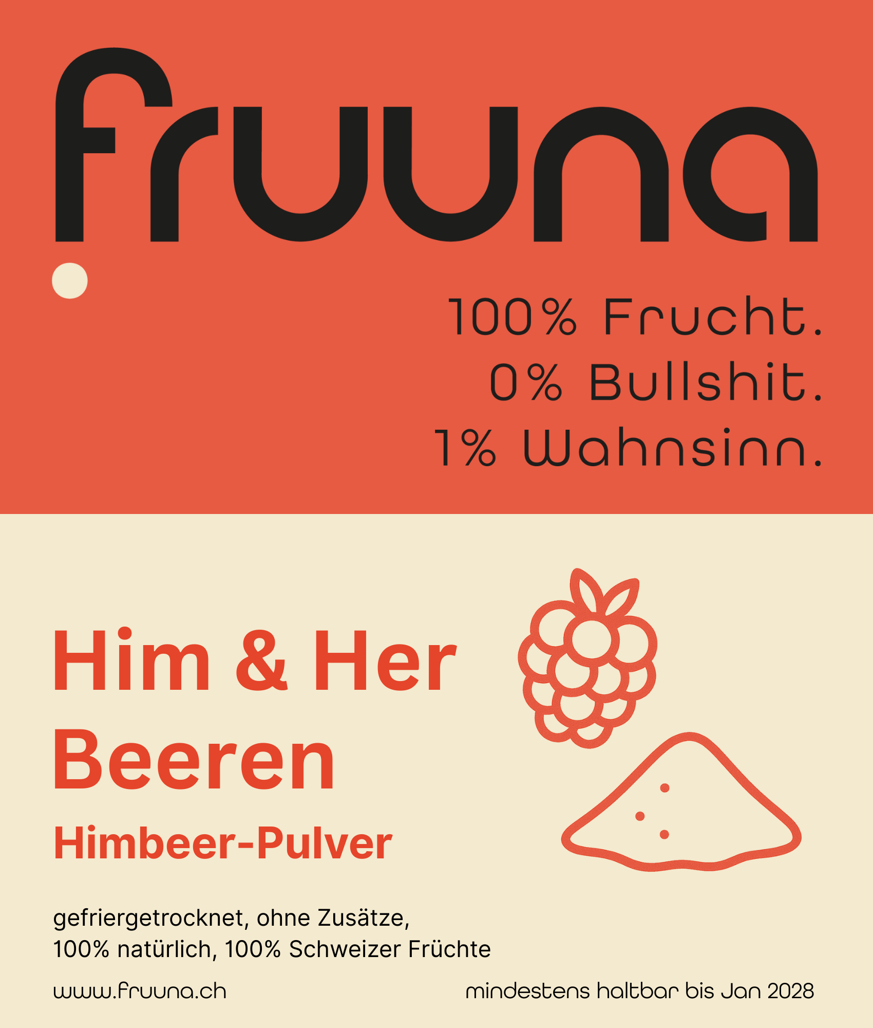 Fruuna Him- & Her-Beeren: gefriergetrocknete Schweizer Himbeeren als Pulver, 190g