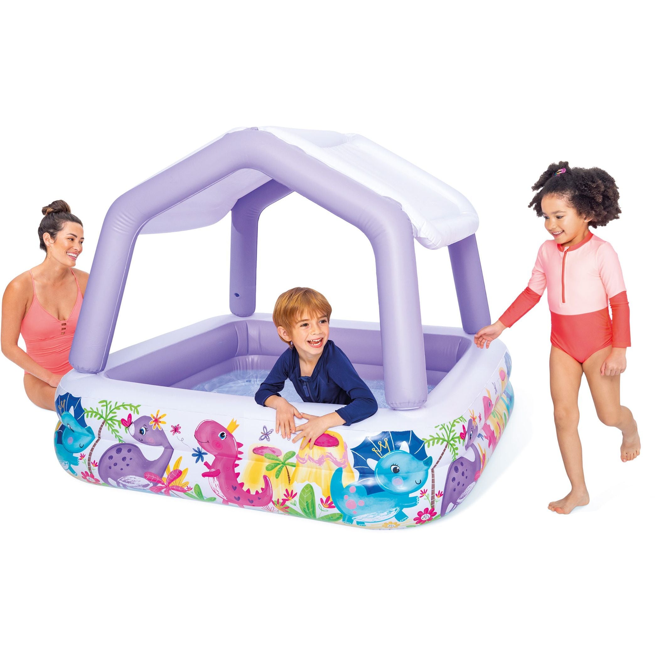 Quadratischer lila Kinderpool mit Sonnendach und bunten Motiven.