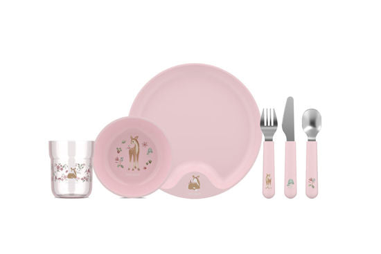 6-teiliges Kindergeschirr-Set in Rosa mit Tiermotiven, ideal für Kinder.