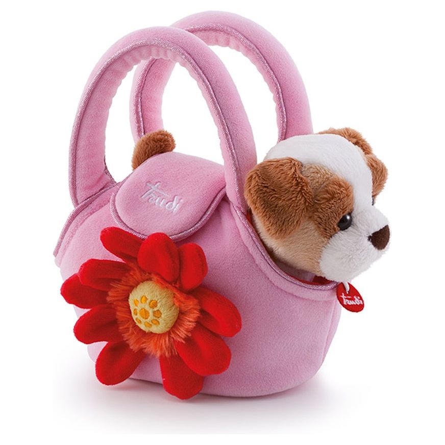 Hund in Tasche mit Blume