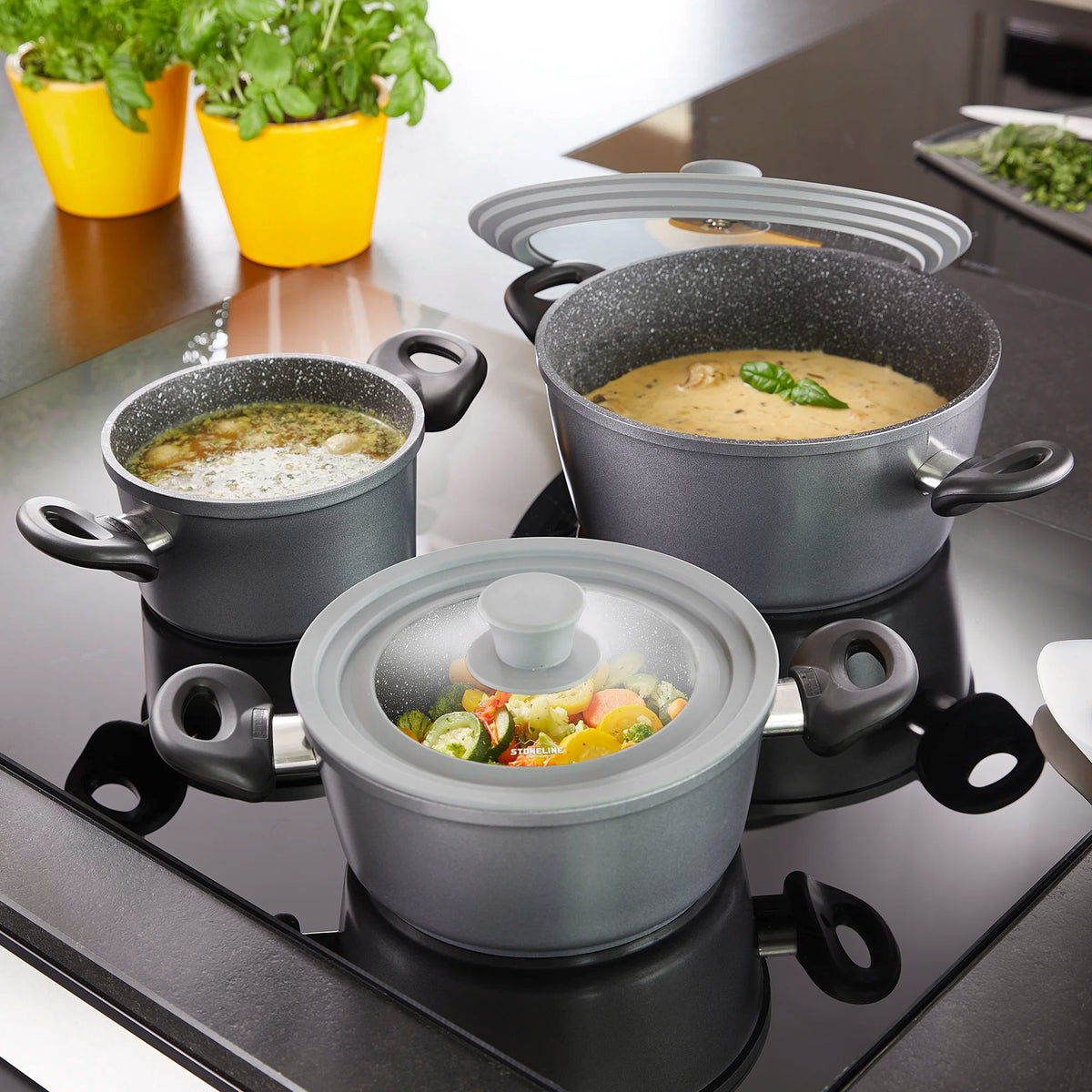 STONELINE® Universal Glasdeckel Set, 2-tlg. mit Silikonrand, für 16/18/20 cm und 24/26/28 cm