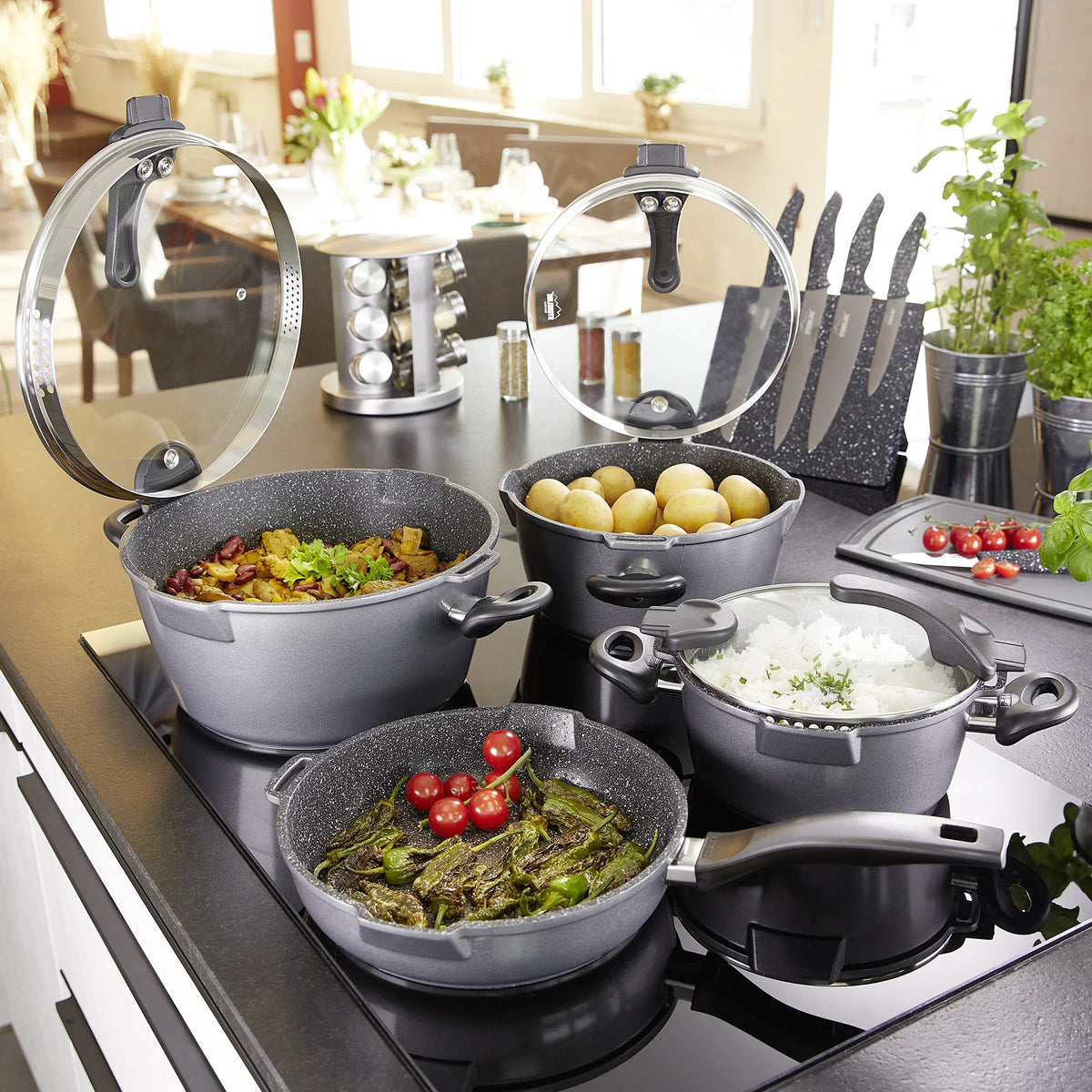 STONELINE® FUTURE Kochtopf-Set, 8-tlg., mit Siebglasdeckeln