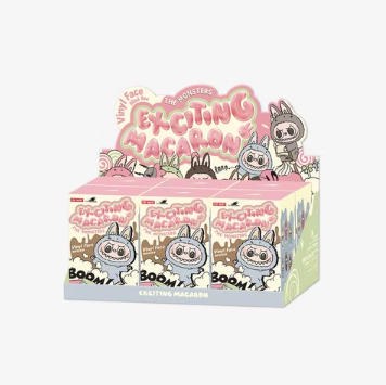 Pop Mart Labubu Exciting Macaron Box mit 6 bunten Blindboxen.
