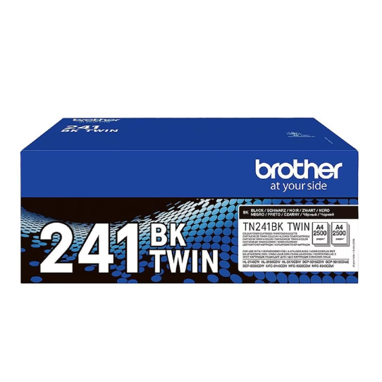 Zwei original Brother TN-241BK schwarze Tonerkartuschen im Twin-Pack, verpackt in einem robusten Karton mit blauem Design.