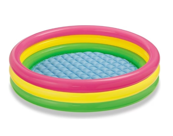Rundes, aufblasbares Kinderplanschbecken in Pink, Gelb, Grün und Blau.