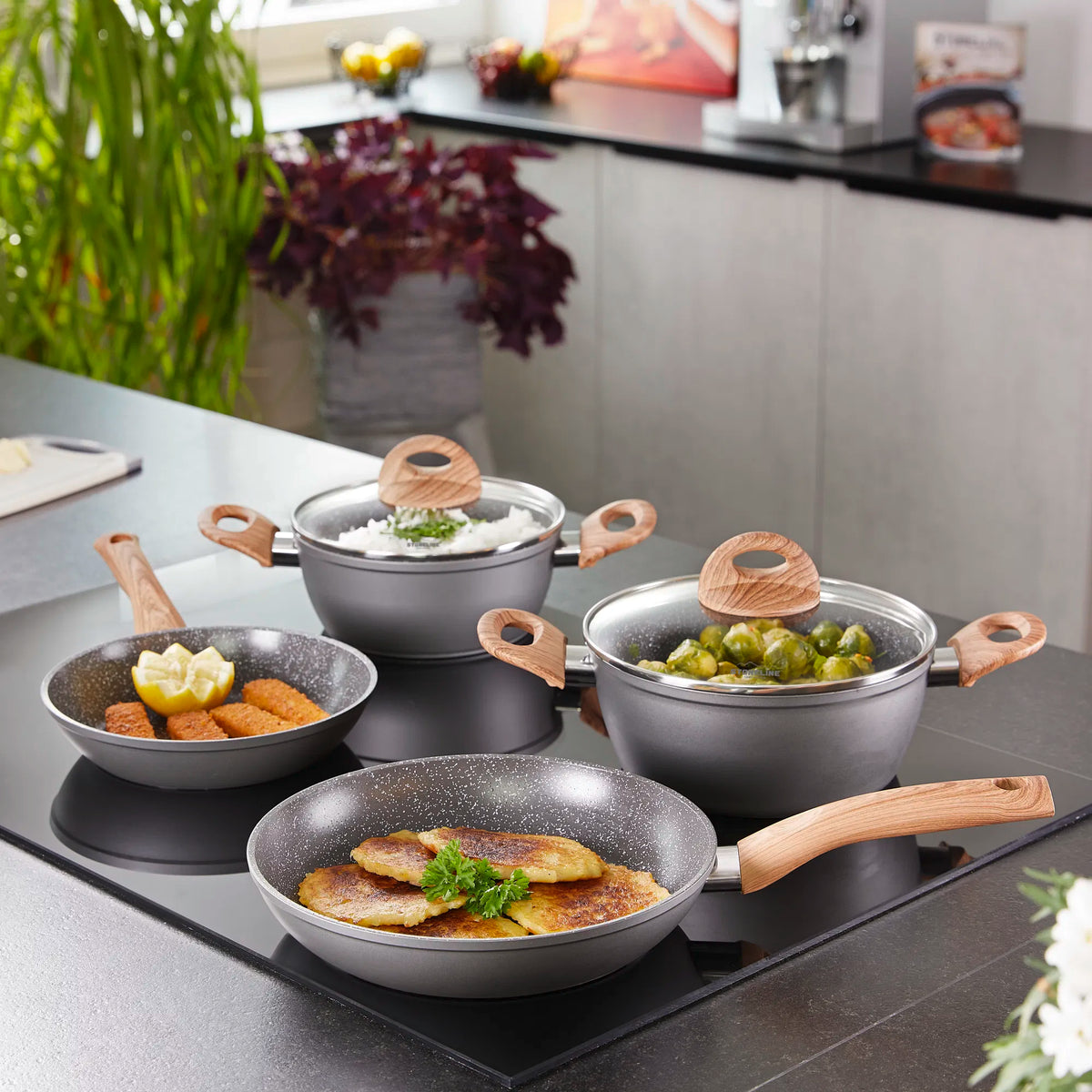 STONELINE® Back to Nature Kochgeschirr-Set, 14-tlg., Keramik-Beschichtung, mit Glasdeckeln