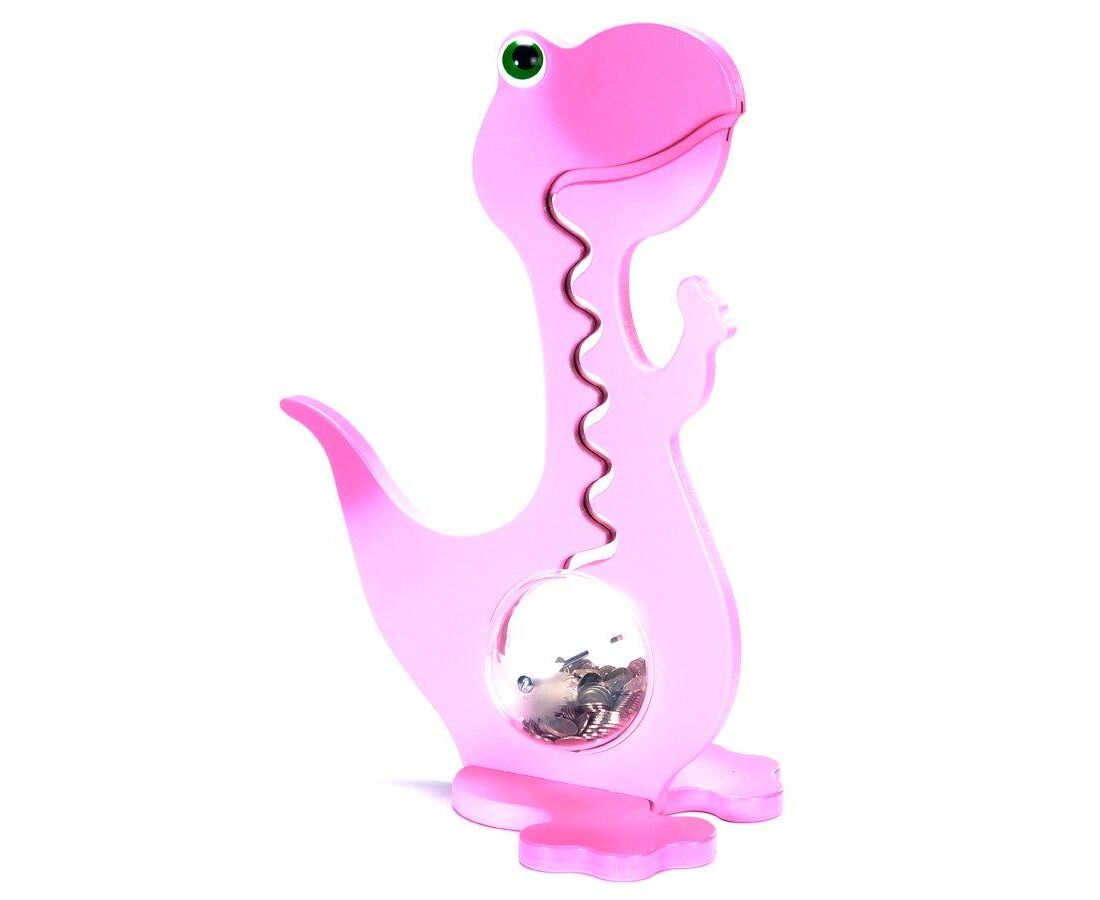 BigBellyBank Rosa zweifarbige Kugelbahn-Spardose Dino aus Holz 60cm