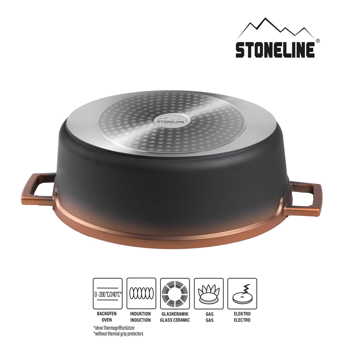 STONELINE® Roségold Gourmet Bräter 32x25 cm mit Deckel, Backofen und Induktion geeignet, Antihaft