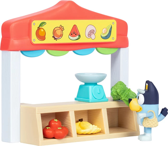 Bluey Spielset Marktstand Bluey-Figur, Gemüsestand, Zubehör, ab 3 Jahren