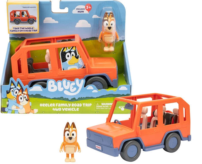 Bluey Familienauto 4x4 offenes Dach, Chilli Figur, Fahrzeug, Sticker, ab 3 Jahren