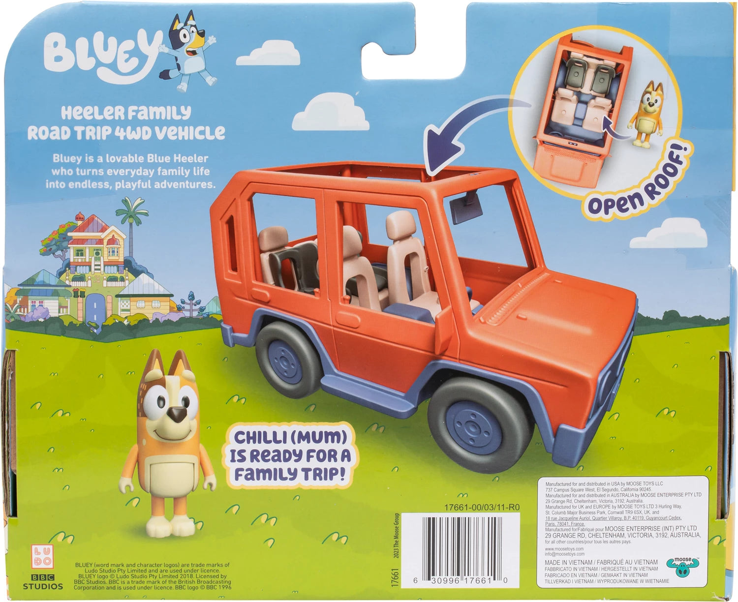 Bluey Familienauto 4x4 offenes Dach, Chilli Figur, Fahrzeug, Sticker, ab 3 Jahren