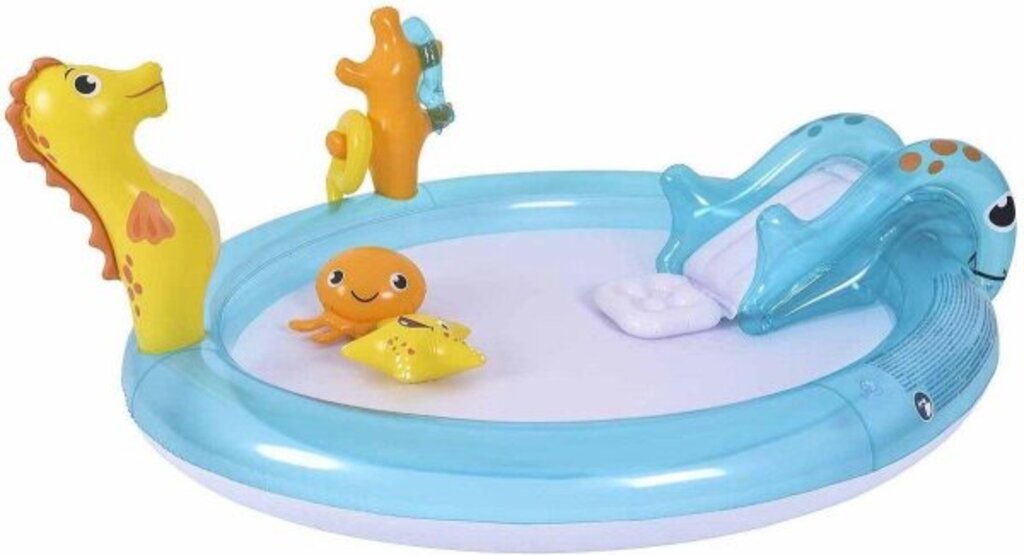 Jilong Kinder-Erlebnispool Seepferdchen mit Wassersprüher und Rutsche (198cm × 150cm × 18cm)