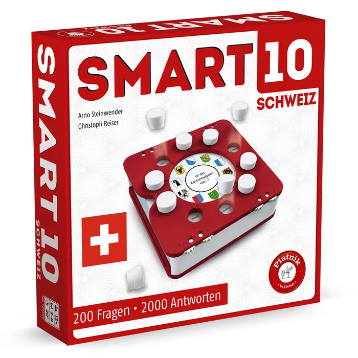 Brettspiel Smart 10 Schweiz von Piatnik mit Quizfragen zur Schweiz in rot-weisser Box.