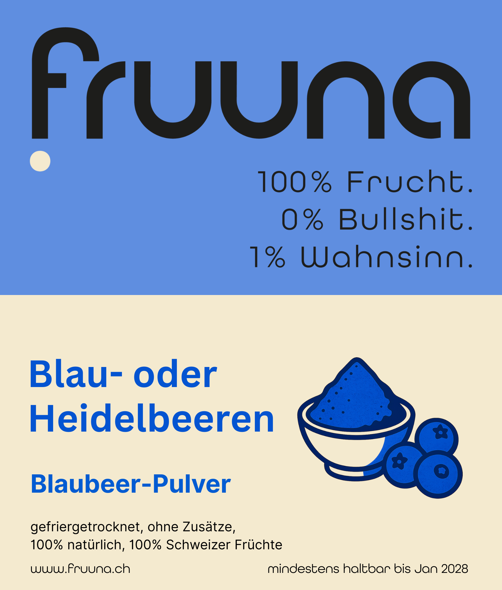 Fruuna Blaue Power: gefriergetrocknete Schweizer Blau- oder Heidelbeeren als Pulver, 180g