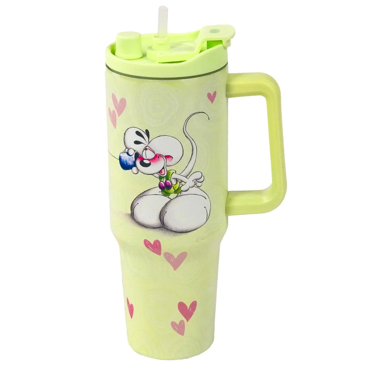 Diddl Thermobecher 1100ml mit Trinkhalm und Henkel grün