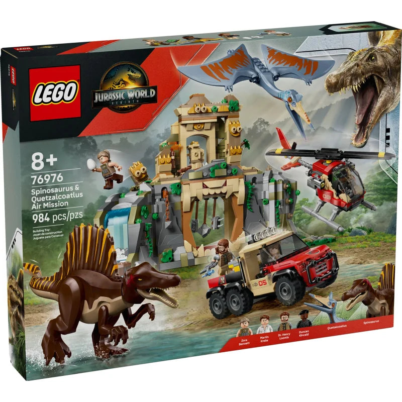 LEGO Jurassic World Set mit Spinosaurier, Quetzalcoatlus, Tempel und Fahrzeug in lebendigem Farbschema.
