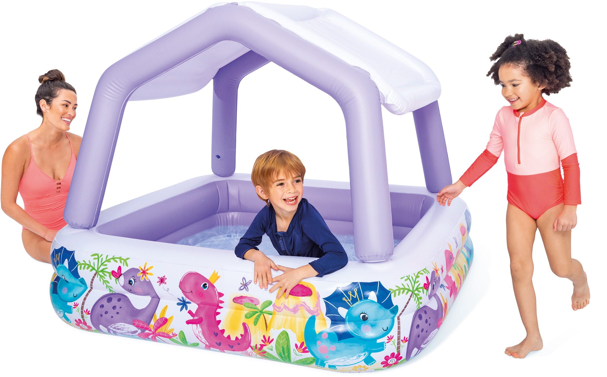 Quadratischer lila Kinderpool mit Sonnendach und bunten Motiven.